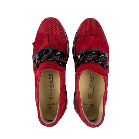 Softwaves Cadie Women’s 36.5 Red Suede Wedge Sneakers Fringe Chain Arch Support - Picture 9 of 15
